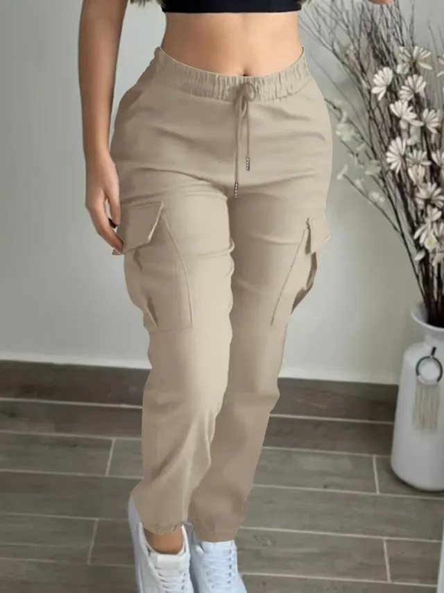 Mountaineering Fashion Drawstring Women's Leisure Cargo Trousers Apricot - Shop at LoveMi
