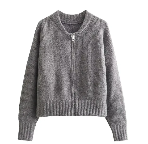 European And American Style Round Neck Long Sleeve Zipper Knitted Cardigan Sweater Picture Color S - Shop at LoveMi