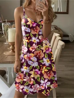 Printed Casual Vacation Spaghetti Straps Dress - Purple - View 1