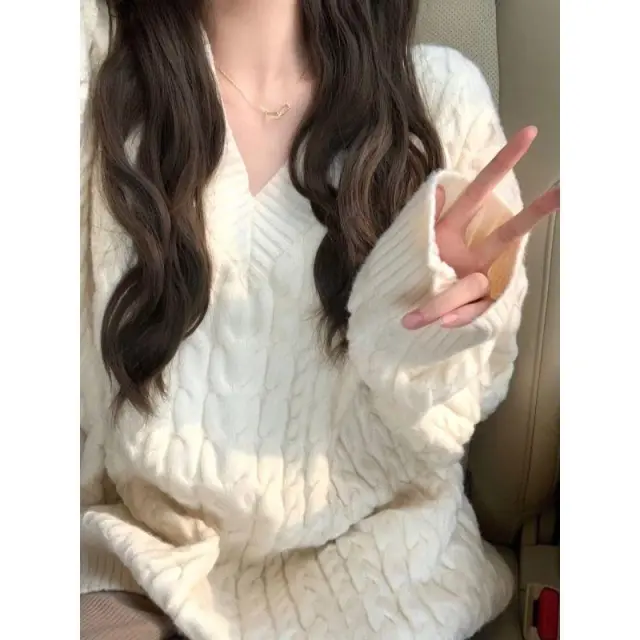 Women's V neck Twist Lazy Gentle Bow Autumn And Winter Loose Velvet Thickened White - Shop at LoveMi