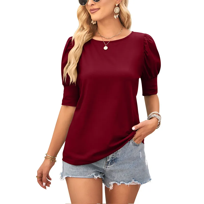 Summer European And American Round Neck Solid Color Buttons Loose Casual Short Sleeve T-shirt - Wine Red