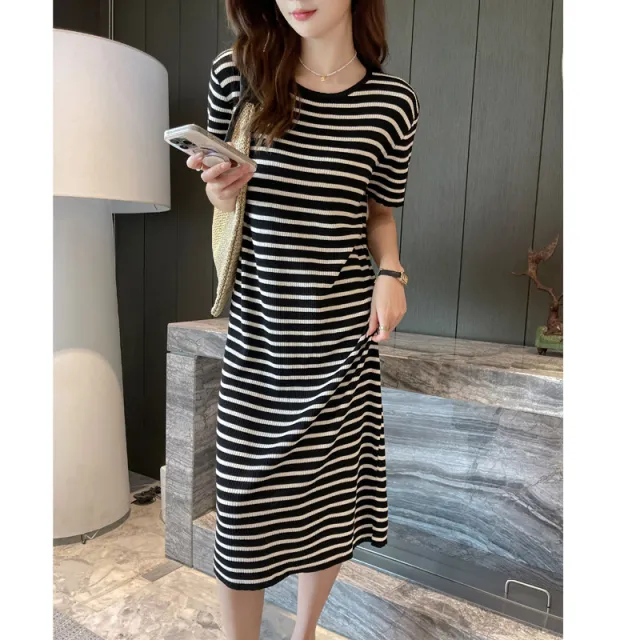 Crew neck Short sleeve Striped Dress For Petite Figures Black - Shop at LoveMi