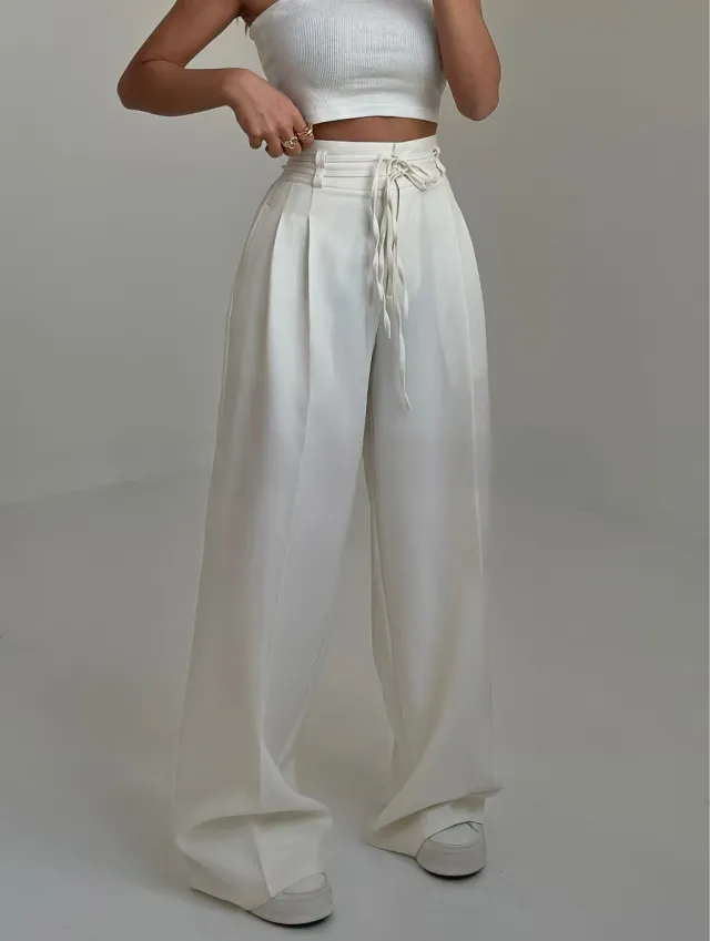 High Waist Lace Up Slim Fit Straight leg Pants Q190 White Trousers - Shop at LoveMi