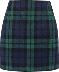 Women's High Waist Plaid Tight Pencil Wool Mini Skirt - Black - View 1