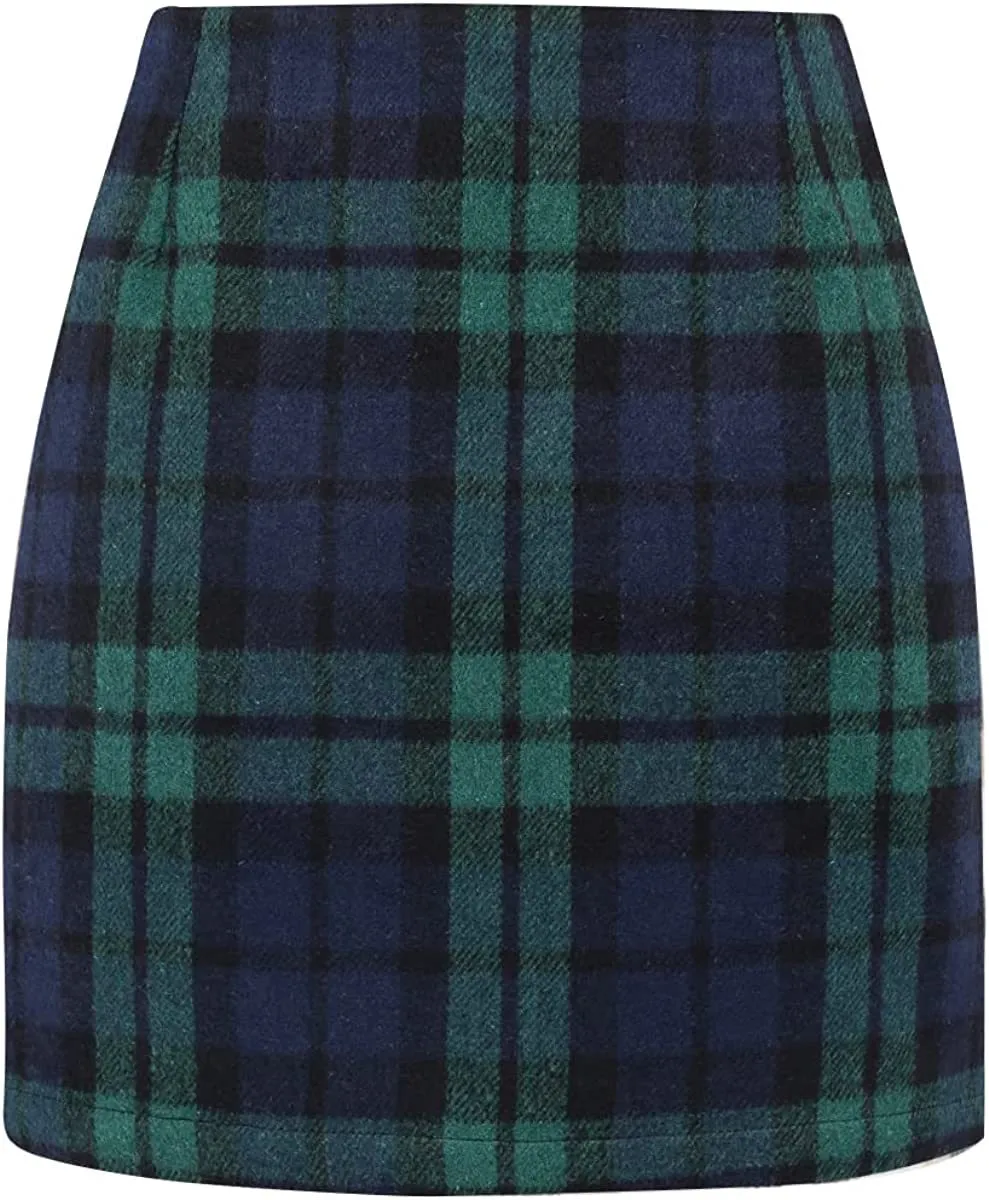 Women's High Waist Plaid Tight Pencil Wool Mini Skirt - Black