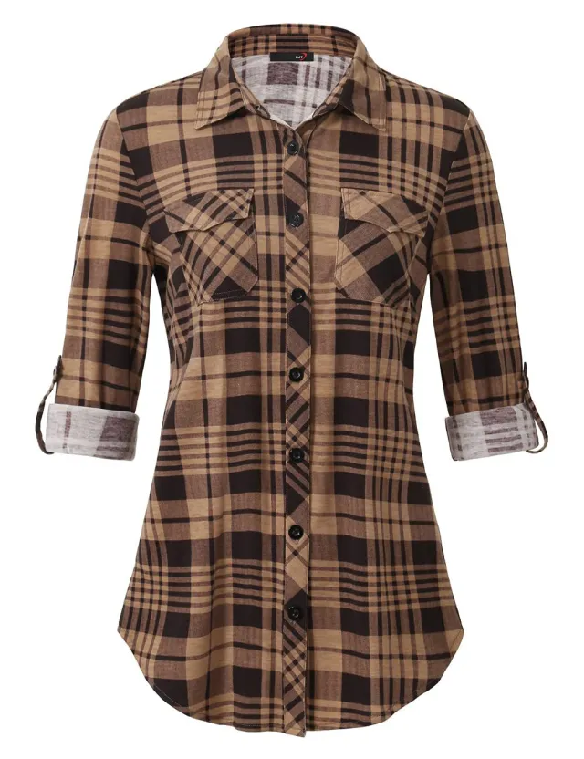 Plaid Pouch Button Cuff Comfort And Casual Printed Women's Shirt Brown - Shop at LoveMi