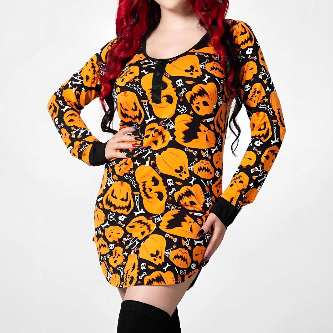 Halloween Printed Round Neck Long Sleeve Plus Size Dress