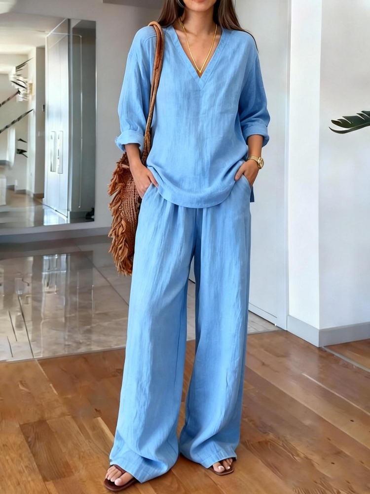 Long sleeve top and full-length pants two-piece set front view – solid color elegant casual women's fashion