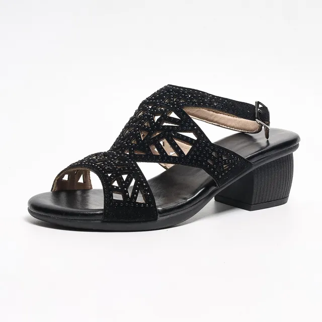 Summer Female Chunky Heel Rhinestone Hollow Out Peep toe High heeled Sandals Black - Shop at LoveMi