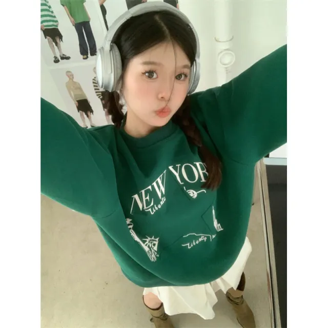 Printed Sweater Early Autumn New Retro Loose All matching Slimming Top Women's Fashion Green - Shop at LoveMi