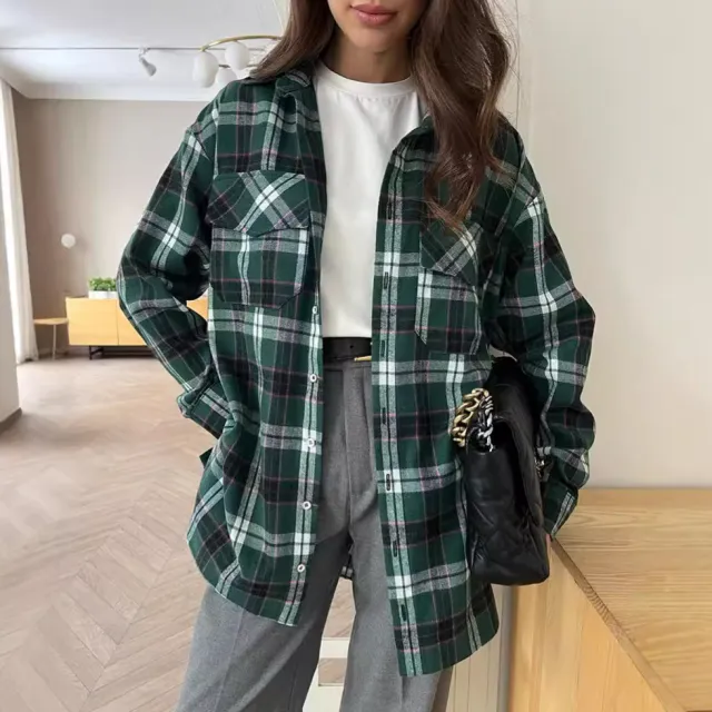 Fashion Green Plaid Shirt Cardigan Design Ladies Green - Shop at LoveMi