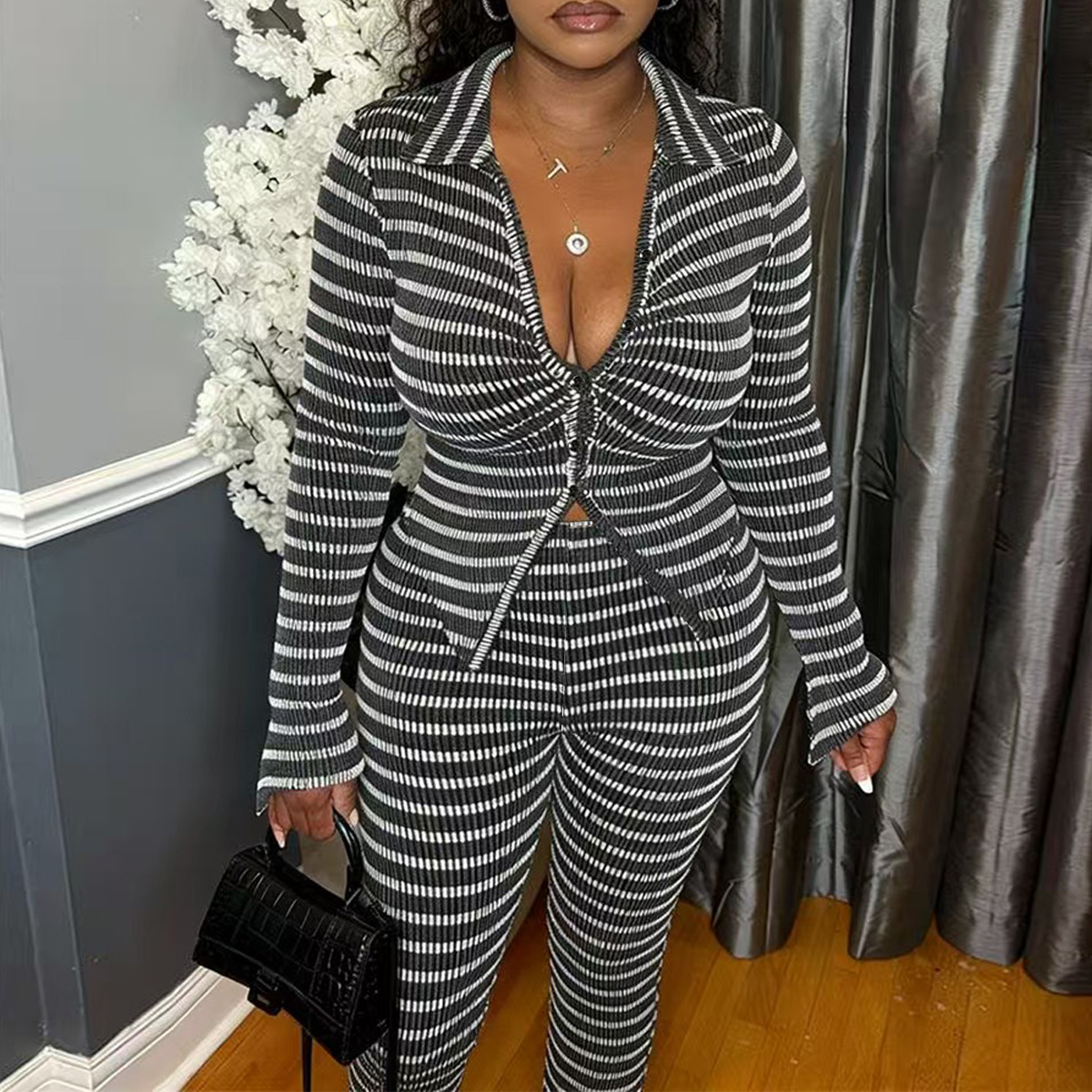 Shirt-collar Top And Slim-fit Hip-hugging Pants Set