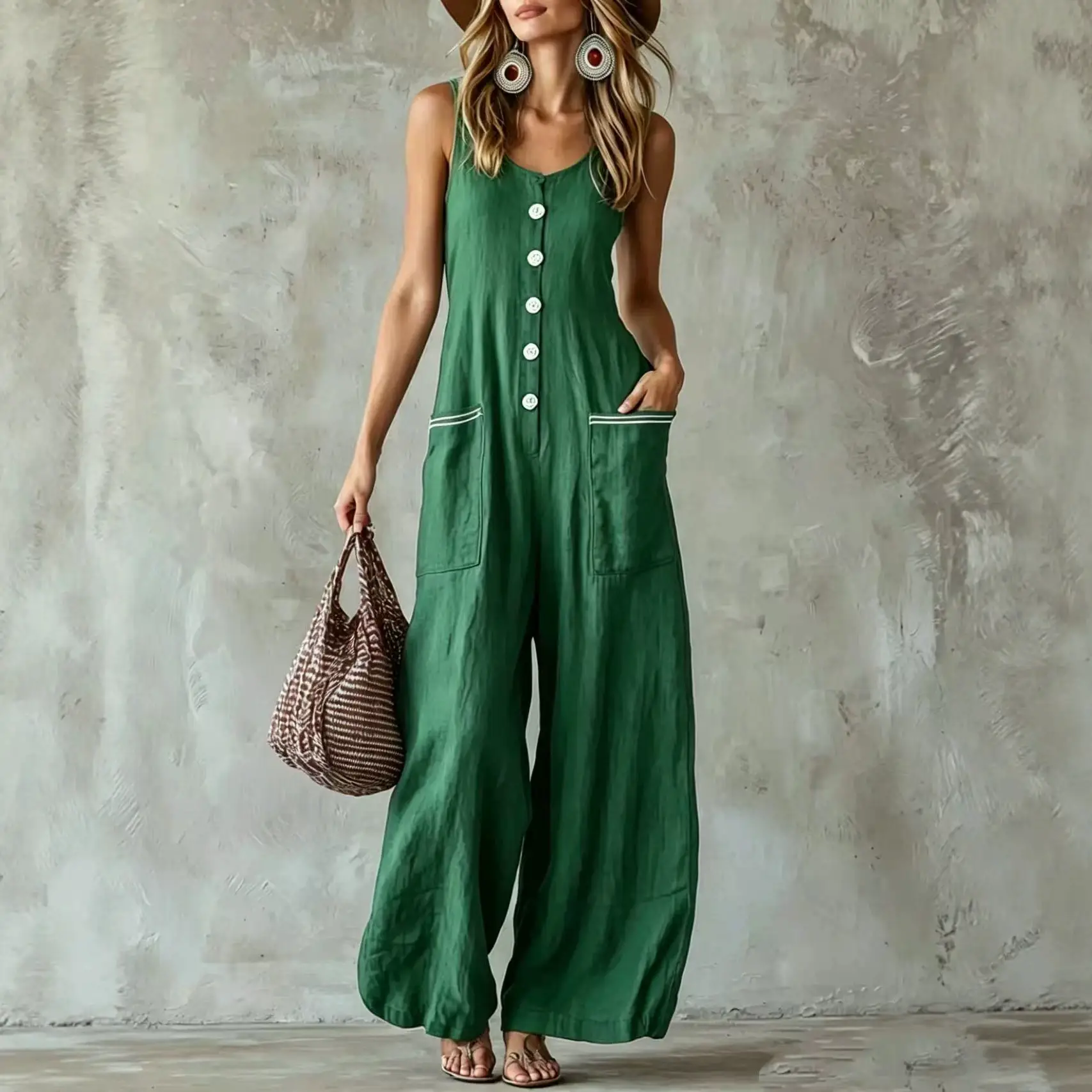 Button-front U-neck Solid-color Casual Jumpsuit