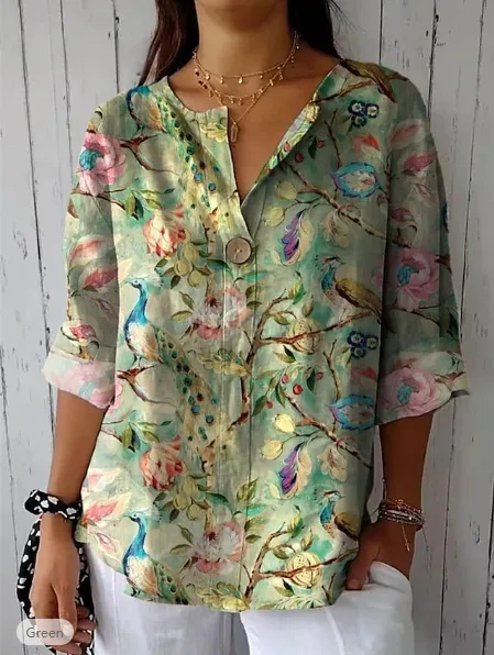 Women's Spring And Autumn Button V neck Casual Top T shirt Element 2 S - Shop at LoveMi