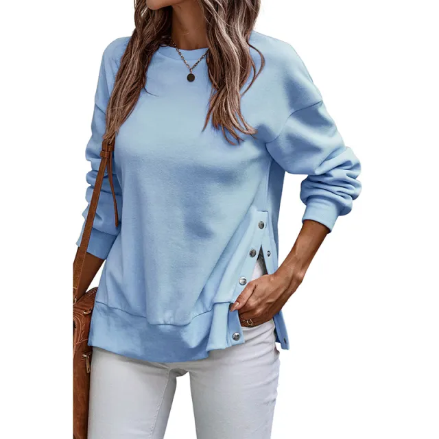 Solid Color Pullover Women's European And American Leisure Style Slit Loose Flab Hiding Long Sleeve Bathroom Lc25316883P204Color M - Shop at LoveMi