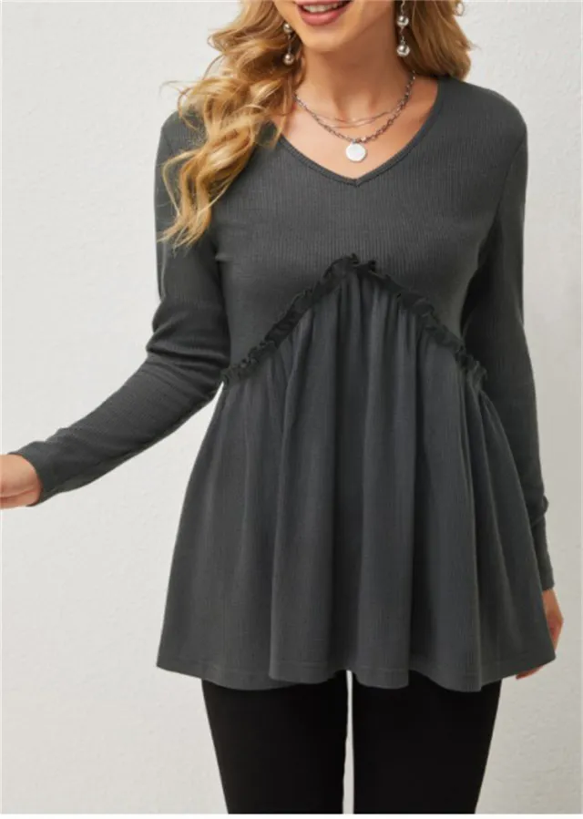 Loose fit Ruffled Pleated V neck T shirt For Women Gray - Shop at LoveMi