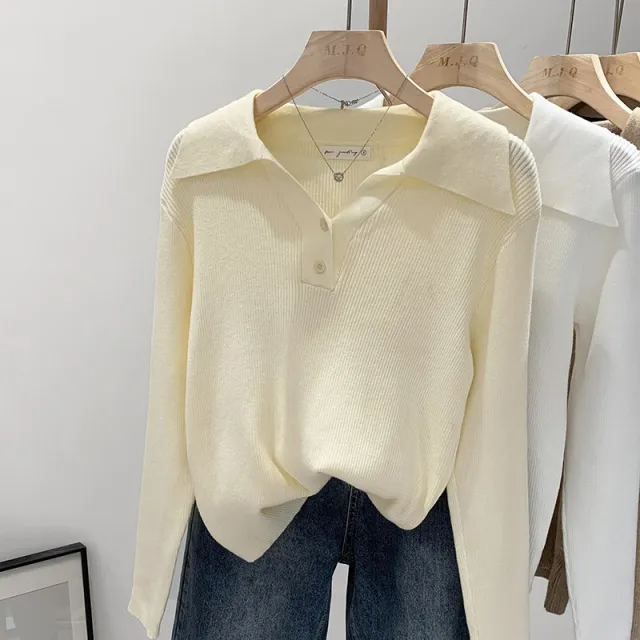Polo Collar Button Base Long Sleeve Inner Wear Short Sweater Beautiful Top Jm166 Apricot - Shop at LoveMi