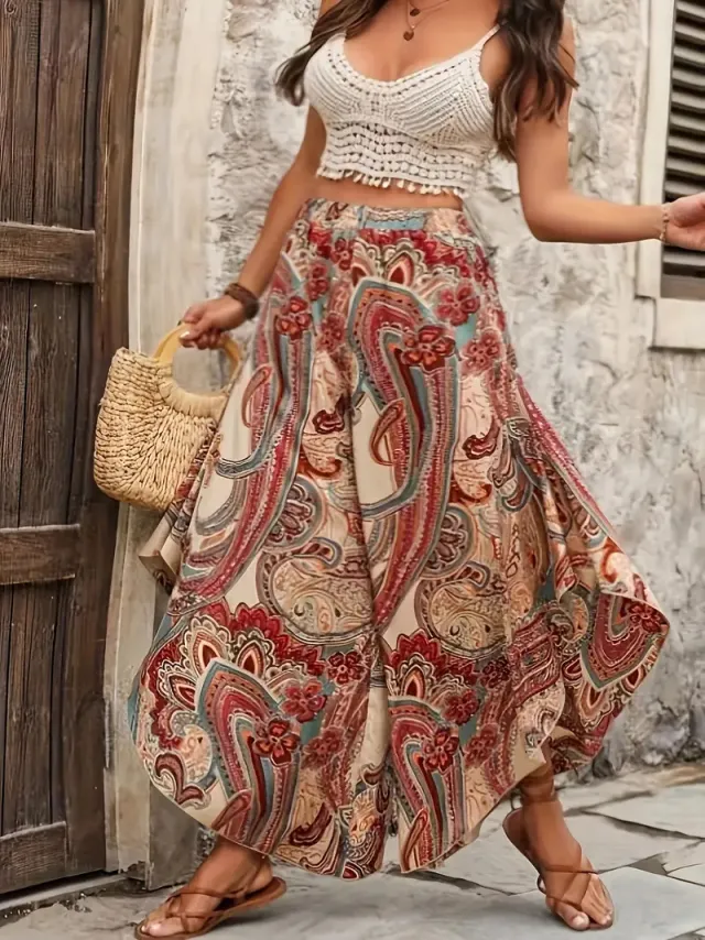 Plus Size Irregular Wide Leg Pants Casual Bohemian Multicolor - Shop at LoveMi
