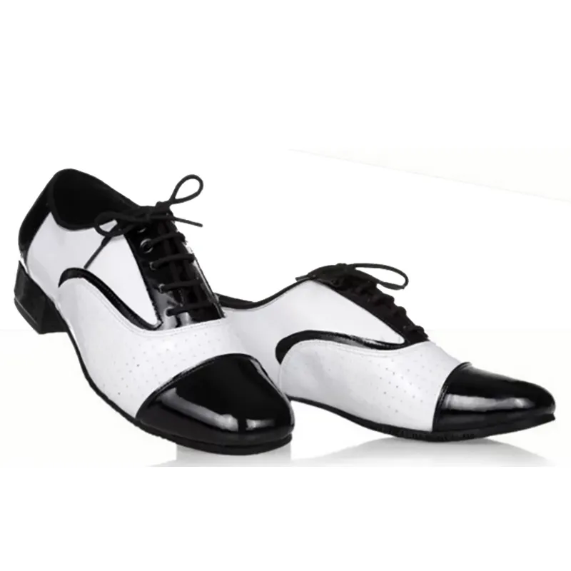 Latin Dance Shoes Men's Leather Black And White International Dancing Shoes - White
