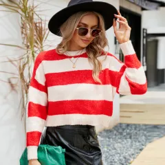 Outerwear Striped Contrast Colour Mohair Sweater - Red And White Stripes - View 1