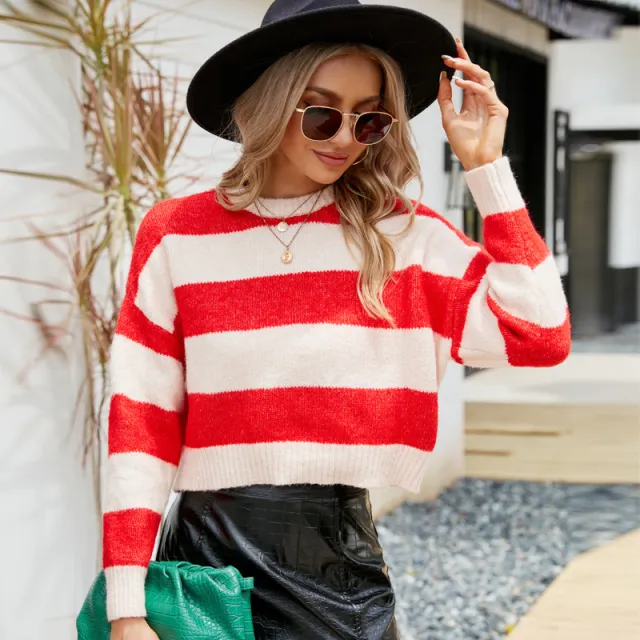 Outerwear Striped Contrast Color Mohair Sweater Red And White Stripes - Shop at LoveMi
