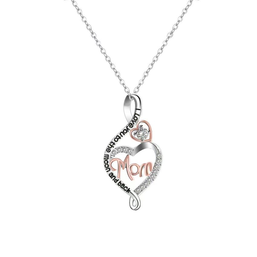 Fashion Mom Mother Jeweled Pendant S925 Silver Peach Heart Necklace