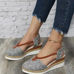 Women's Summer New Wedge Plus Size Closed Toe Back Empty Rope Bottom Sandals - Gray - View 1