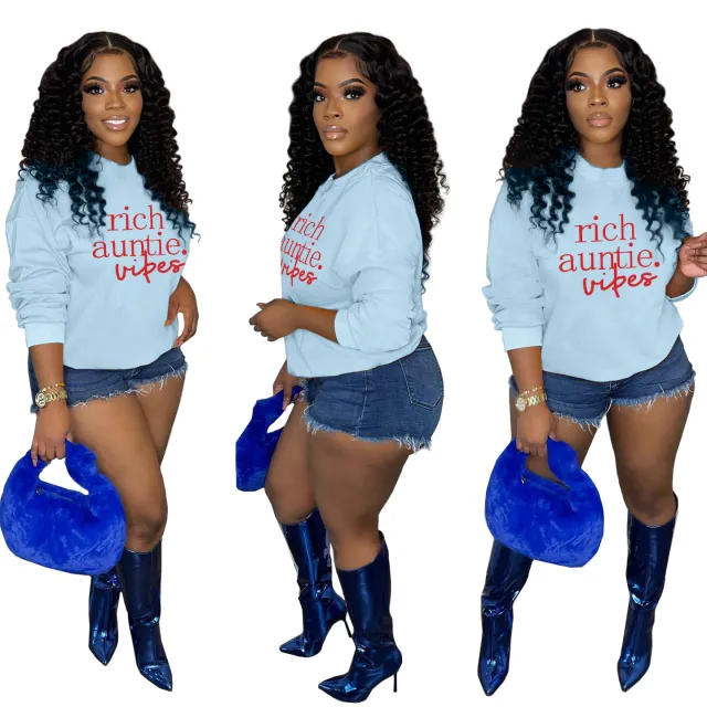 Fleece lined Small High Collar Loose Casual Sweatshirt Long Sleeve Sky Blue - Shop at LoveMi