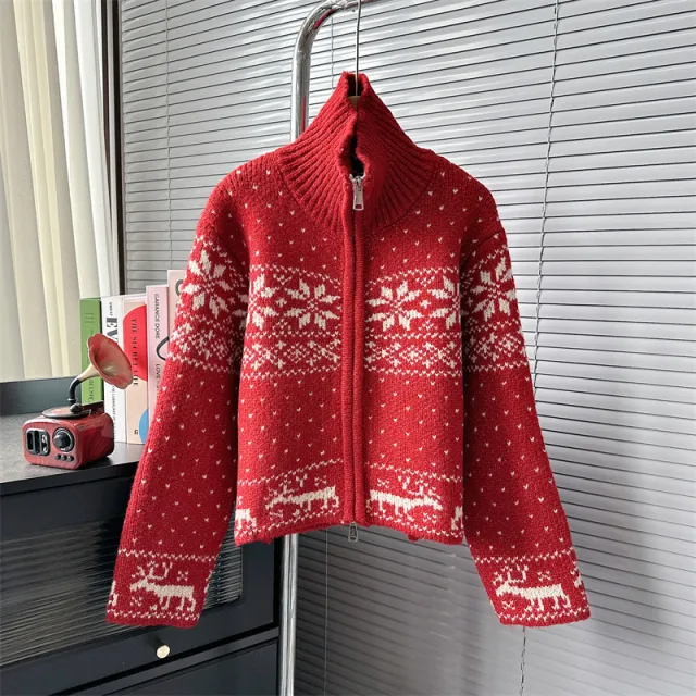 Comfortable Retro Heavy Industry Stand Collar Short Sweater Red - Shop at LoveMi