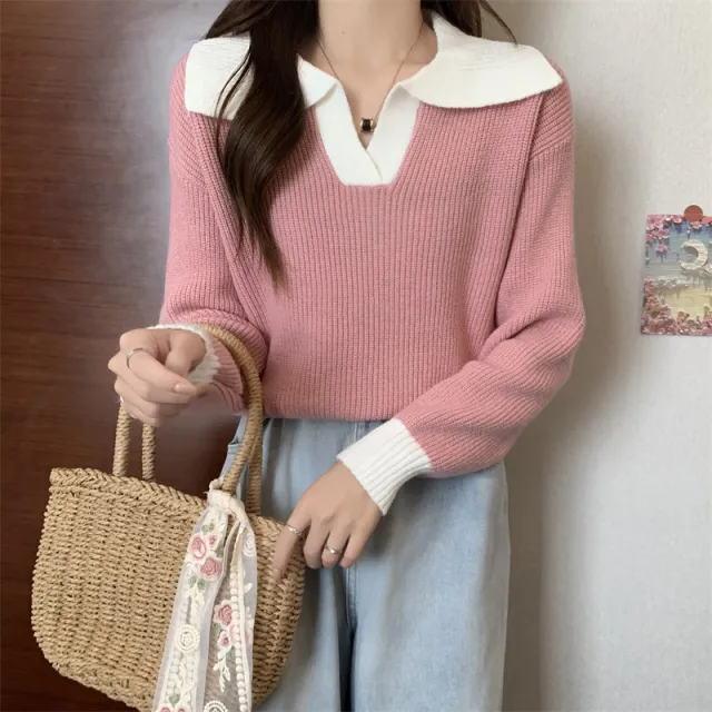 Contrast Color Polo Collar Soft Glutinous Sweater Women's Autumn And Winter Pink - Shop at LoveMi