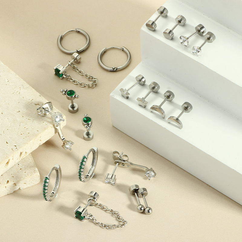 Ear Clip Earrings Real Gold Plating Green Zircon Five-pointed Star Personality