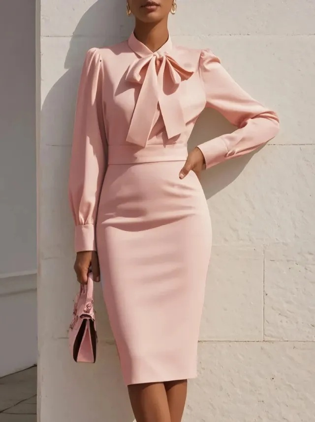 Autumn Fashion Elegant Solid Color Waist Cinching Dress With Bow Accent Pink - Shop at LoveMi