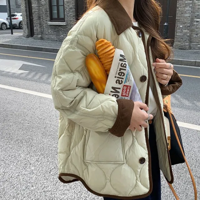 Design Lapel Hit Color Diamond Lattice Winter Coat Lime Custard S - Shop at LoveMi