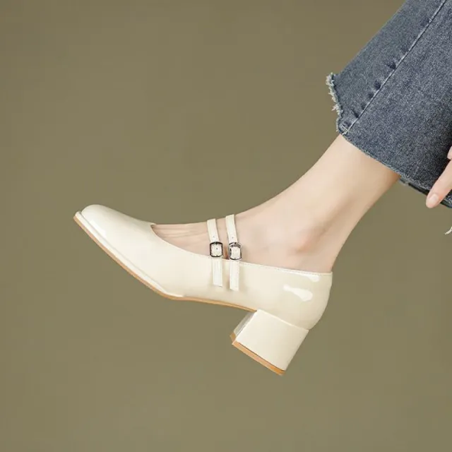 Soft Leather Shoes Women's Chunky Heel Low cut High Heels Beige - Shop at LoveMi