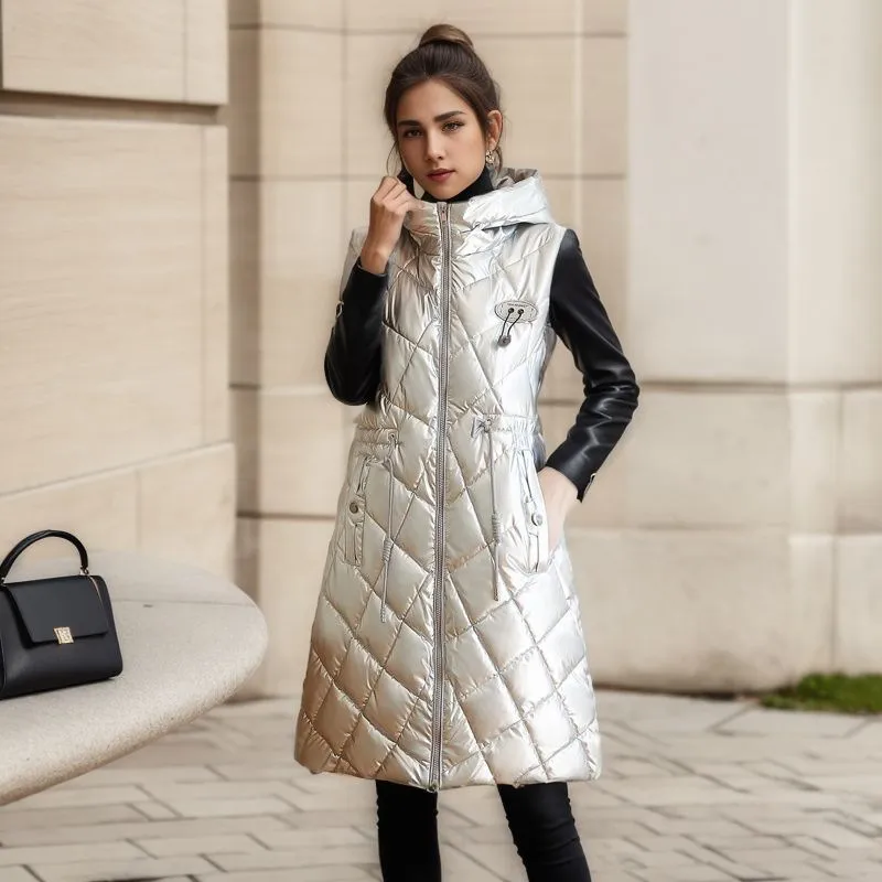 Glossy Cotton-padded Coat Vest Mid-length Women's Thickened Coat - Champagne-L