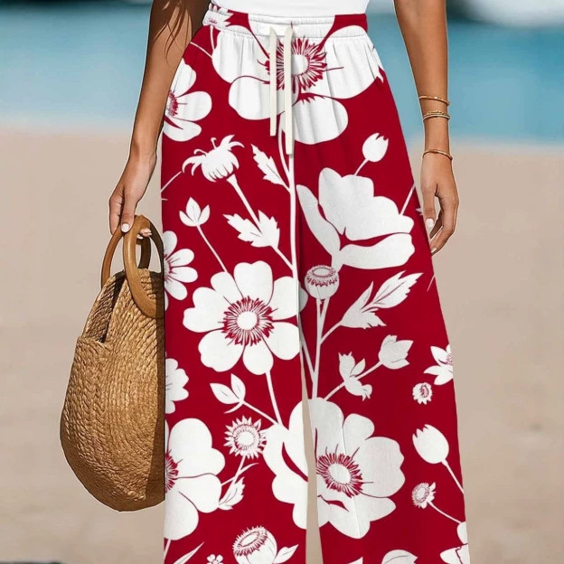 Womens Printed Wide-leg Pants Thin And Loose-fitting Casual Trousers