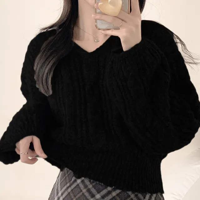 New Korean style Relaxed fit Solid color Cable knit Sweater With Lantern Sleeves Black - Shop at LoveMi