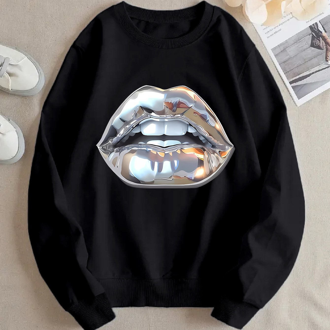 Womens Cartoon Silver Lip-Printed Sweatshirt