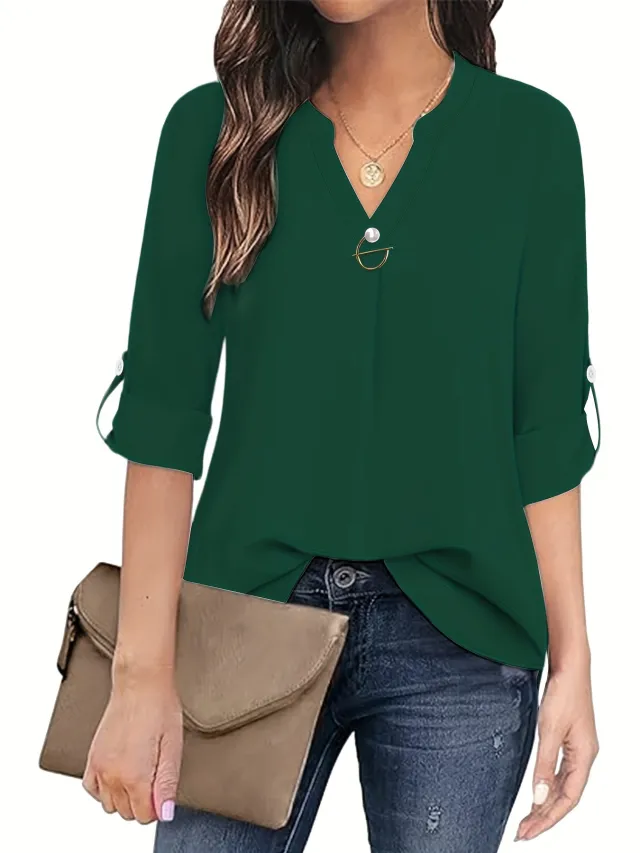 V neck Shirt Long Sleeve With Cuff Green - Shop at LoveMi
