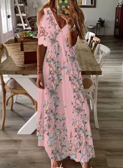 Women's Summer Floral Short Sleeve Printed Bohemian Dress - Pink - View 1
