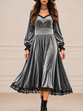 Casual Autumn Lace-Patchwork Velvet Evening Dress — foto 7