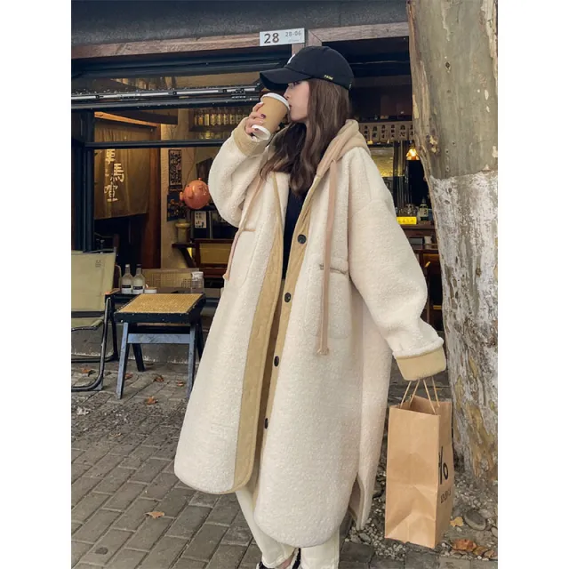 Faux Lamb Wool Coat Loose Casual Mid length Cotton padded Jacket Beige - Shop at LoveMi