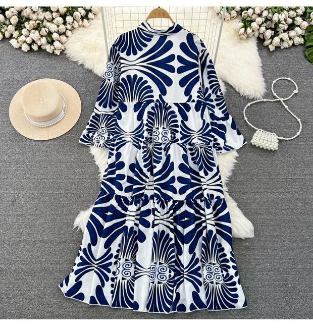Summer Women's Retro Flared Long Sleeve V-neck Printed Dress