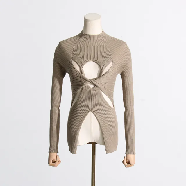 Simple Style Women's Knitwear Semi high Neck Slim Fit Slimming Twist Hollow out High end Top Khaki - Shop at LoveMi