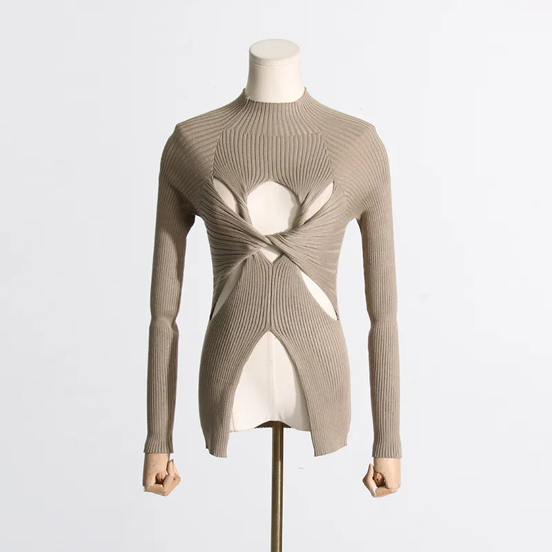 Simple Style Women's Knitwear Semi-high Neck Slim Fit Slimming Twist Hollow-out High-end Top - Khaki