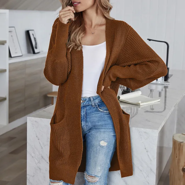 Women's Knitted Sweater Solid Color Pocket Cardigan Coat Brown - Shop at LoveMi
