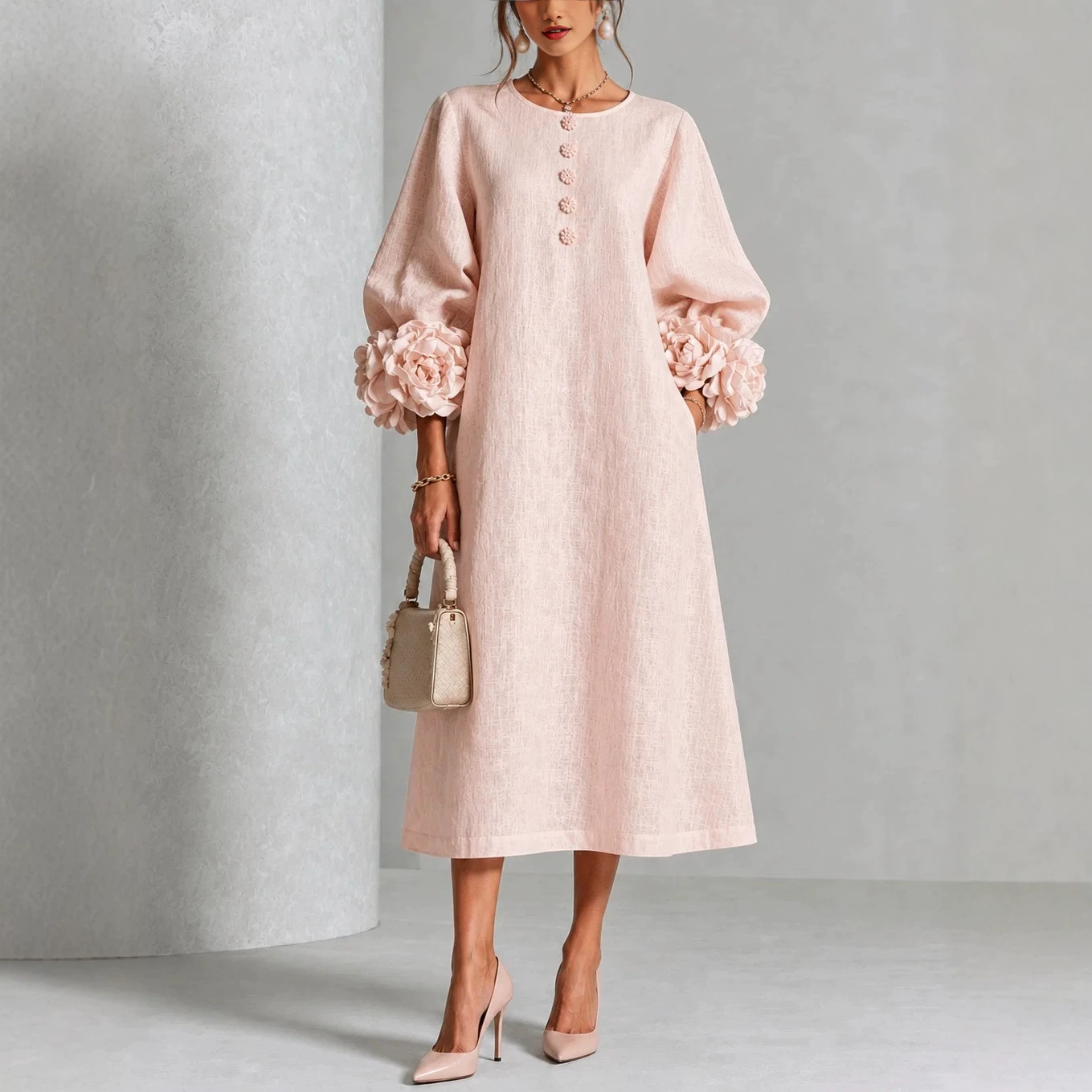 Puff Sleeve Floral Dress Pink Navy - French Style A-Line