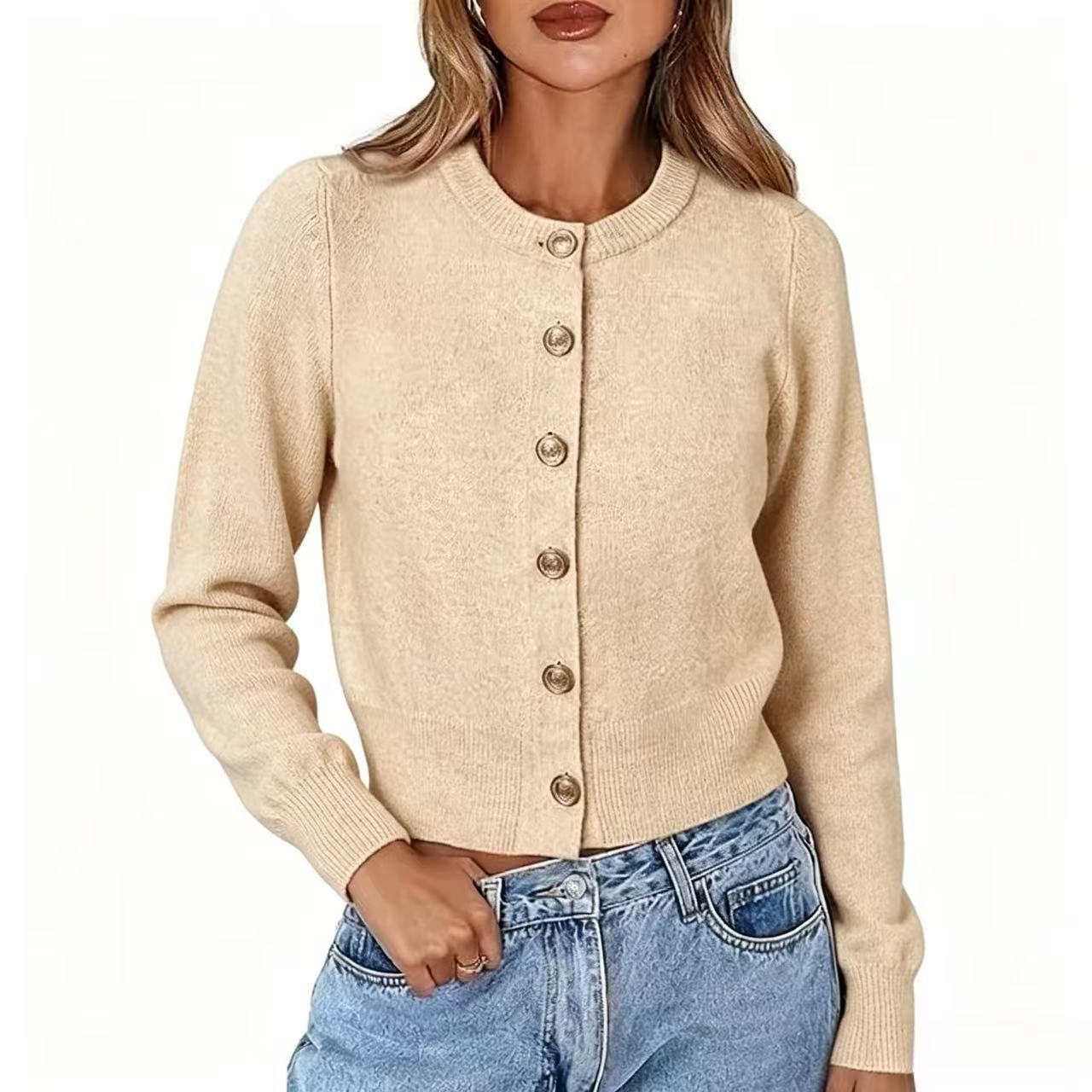 Autumn Casual Crew-neck Single-breasted Long-sleeve Cropped Knit Cardigan