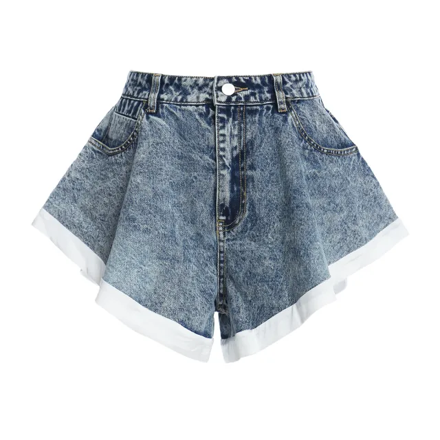 Ruffled Hem Hit White Denim Shorts Retro Blue - Shop at LoveMi