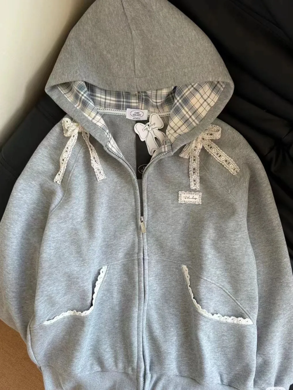 Women's Fashion Lace Bow Zipper Jacket - Gray
